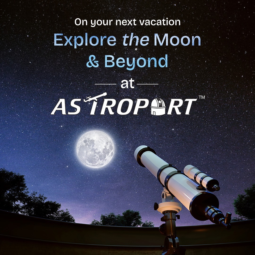 Telescope pointed at the moon under a starry sky with text: "On your next vacation, Explore the Moon & Beyond at Astroport.